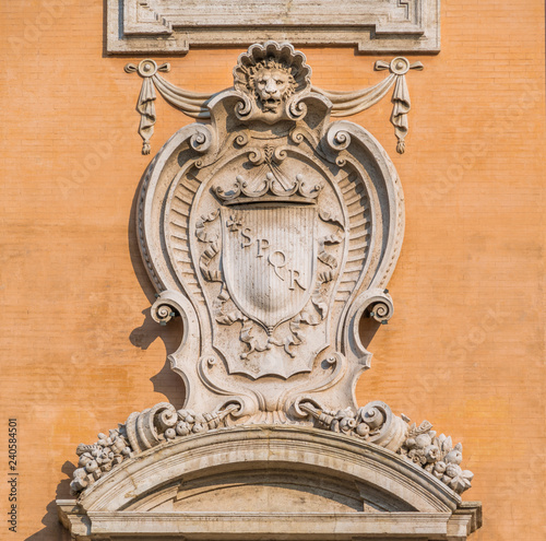 Detail from the facade of the Palazzo Senatorio in the Campidoglio in Rome, Italy.