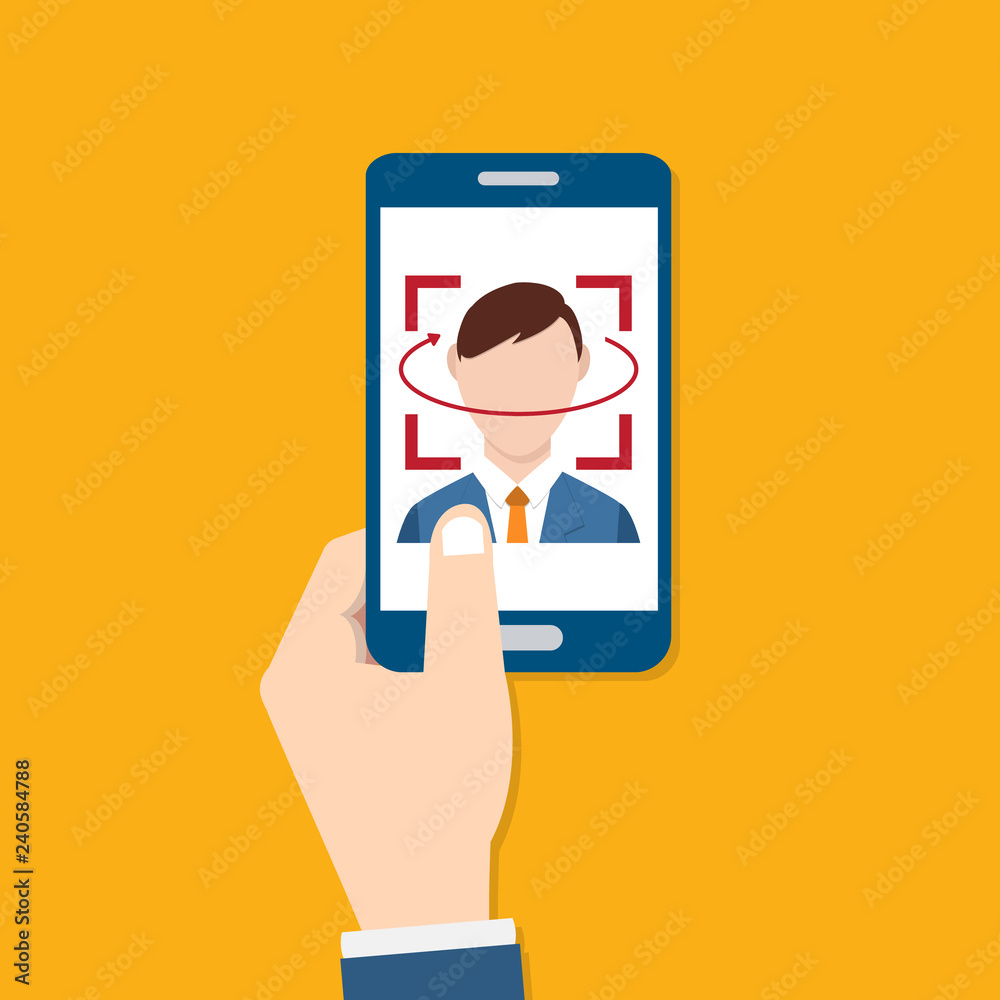 Facial recognition technology, Face ID concept, hand holding smart phone focus in a users face. Vector illustration. Facial recognition technology, Face ID concept, hand holding smart phone focus in a users face. Vector illustration.