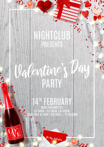 Party flyer for Happy Valentine's Day. Vector illustration with top view on realistic bottle of champagne, gift boxes, red serpentine and confetti on wooden texture. Invitation to nightclub.