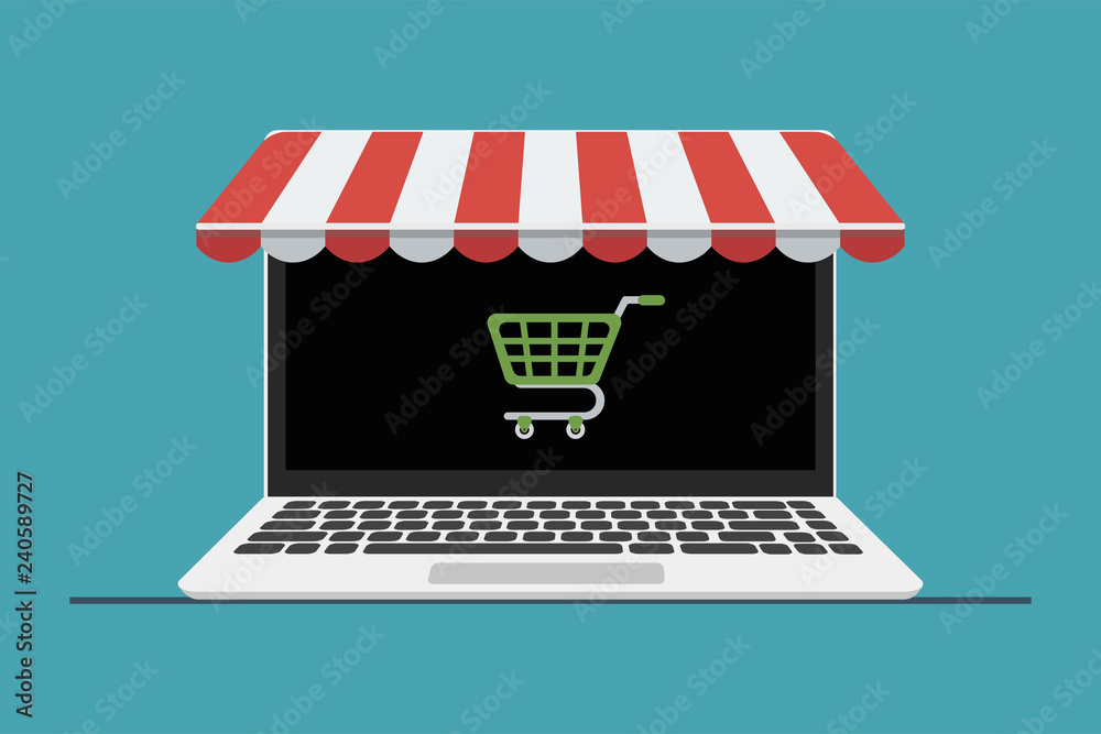 The concept of online shopping, online store, buying online store through a laptop computer. laptop computer with awning. Vector illustration. The concept of online shopping, online store, buying online store through a laptop computer. laptop computer with awning. Vector illustration.