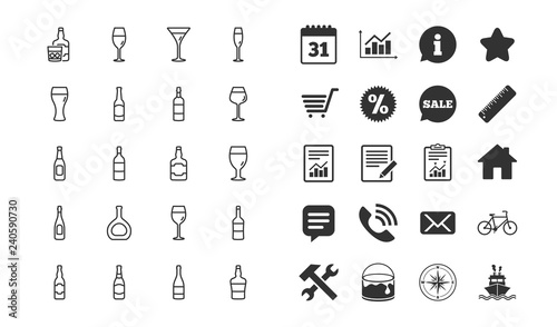 Wine bottles line icons. Set of Craft beer, Whiskey and Wine glasses linear icons. Champagne bottle, Alcohol and Scotch with ice symbols. Wineglass, Beer glass and Restaurant goblet signs. Vector