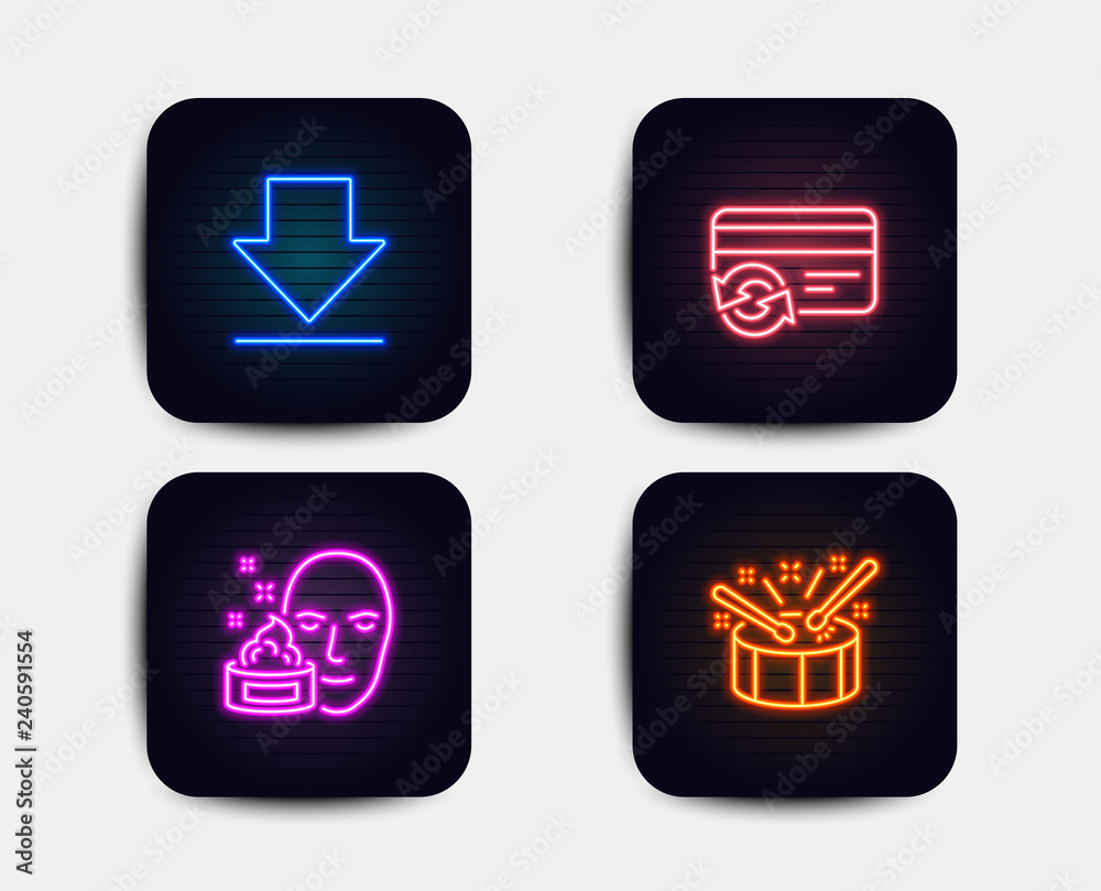 Neon glow lights. Set of Downloading, Face cream and Change card icons. Drums sign. Load information, Gel, Payment method. Drumsticks. Neon icons. Glowing light banners. Vector Neon glow lights. Set of Downloading, Face cream and Change card icons. Drums sign. Load information, Gel, Payment method. Drumsticks. Neon icons. Glowing light banners. Vector