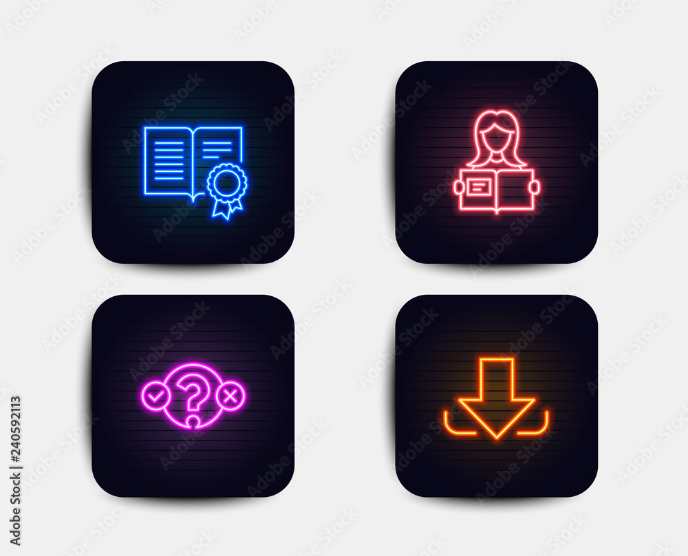 Neon set of Quiz test, Woman read and Diploma icons. Download sign. Select answer, Girl studying, Document with badge. Load file. Neon icons. Glowing light banners. Vector