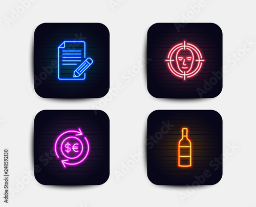 Neon glow lights. Set of Face detect, Money currency and Article icons. Wine bottle sign. Select target, Cash change, Feedback. Cabernet sauvignon.  Neon icons. Glowing light banners. Vector