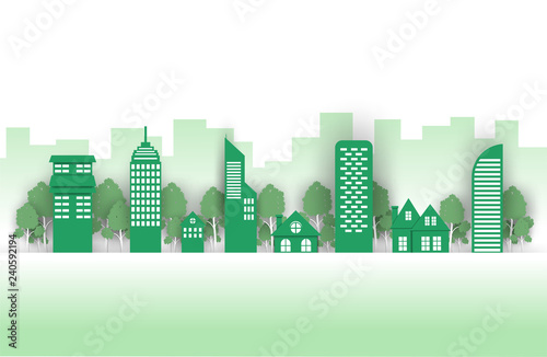 Green city on a green background, Eco city.