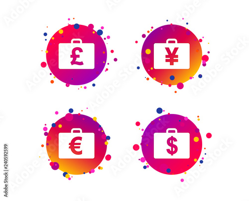 Businessman case icons. Cash money diplomat signs. Dollar, euro and pound symbols. Gradient circle buttons with icons. Random dots design. Vector