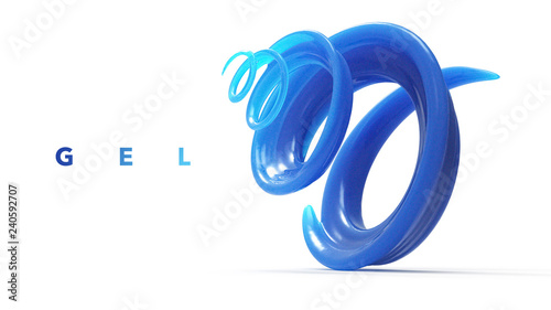 3D illustration of soft Gel. Blue water spiral jet, brown splash, liquid wave, splashing loops, curvy line, isolated on white background.