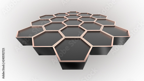 3D illustration of black honeycombs shape on white background.