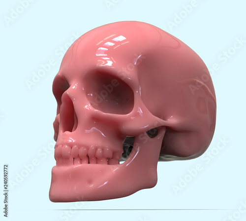 3D illustration of pink human skull looks as yogurt. Shiny Coral color Human skull on blue background.