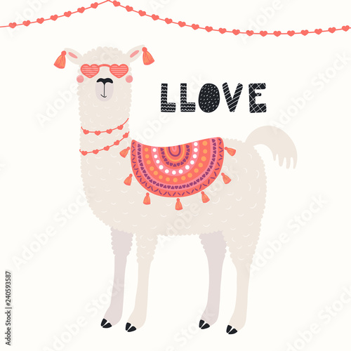 Hand drawn Valentines day card with cute funny llama in heart shaped glasses  text Llove. Vector illustration. Scandinavian style flat design. Concept for celebration  invite  children print.