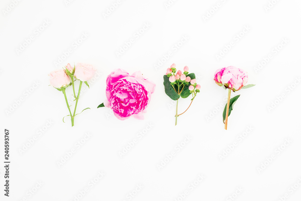 Fototapeta premium Floral concept of pink peony and roses flowers on white background. Flat lay, top view