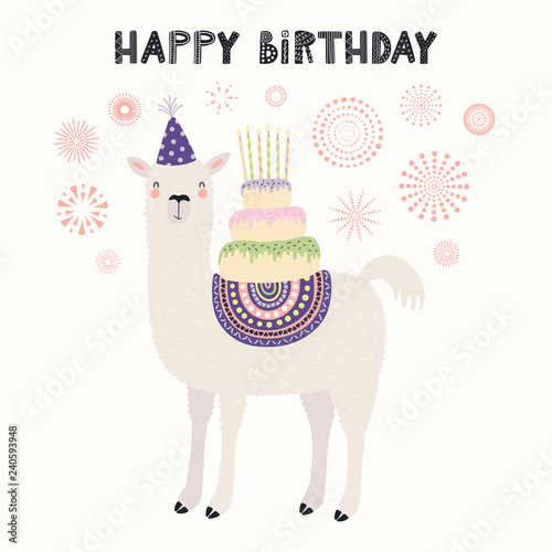 Hand drawn card with cute llama in a party hat, carrying cake with candles, fireworks, text Happy birthday. Vector illustration. Scandinavian style flat design. Concept for invite, children print.
