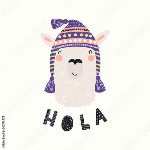Hand drawn vector illustration with funny llama in a traditional Peru hat, with Spanish text Hola, Hello. Isolated objects on white background. Scandinavian style flat design. Concept children print.