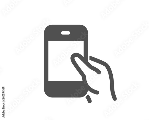 Hold Smartphone icon. Give Cellphone or Phone sign. Ð¡ommunication Mobile device symbol. Quality design element. Classic style icon. Vector