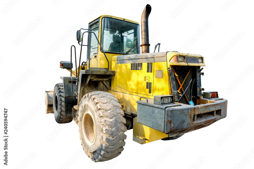 Isolated tractor car on white background, Yellow truck car, Clipping path