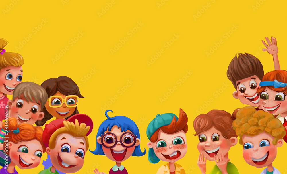 Group of happy children waving at the camera. Childhood, school, people, children's panorama, concept, brochure. Funny cartoon character. Group of happy children waving at the camera. Childhood, school, people, children's panorama, concept, brochure. Funny cartoon character.