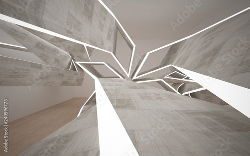Empty dark abstract concrete room interior with wood. Architectural background. Night view of the illuminated. 3D illustration and rendering