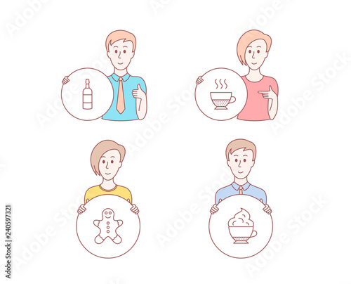 People hand drawn style. Set of Gingerbread man, Brandy bottle and Doppio icons. Cappuccino cream sign. Christmas cookie, Whiskey, Coffee drink. Coffee with whipped cream. Vector