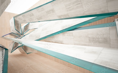 Abstract interior of concrete, wood and blue glass. Architectural background. 3D illustration and rendering 