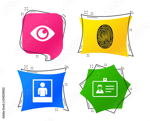 Identity ID card badge icons. Eye and fingerprint symbols. Authentication signs. Photo frame with human person. Geometric colorful tags. Banners with flat icons. Trendy design. Vector