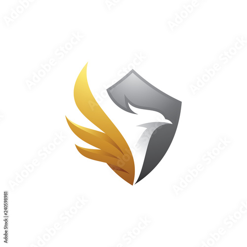 Bird and shield logo design, eagle, falcon, hawk and wing vector icon
