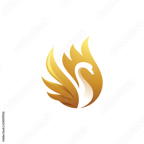 Gold swan logo design, elegant goose and wing vector icon