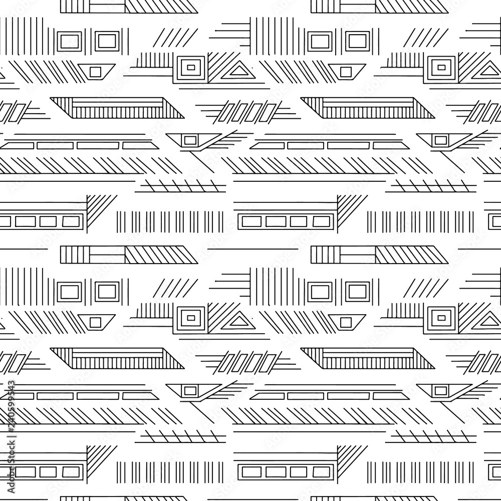 Geometric vector seamless pattern with different geometrical forms. Square, triangle, rectangle, lines. Modern techno design. Abstract background. Graphic black and white Illustration