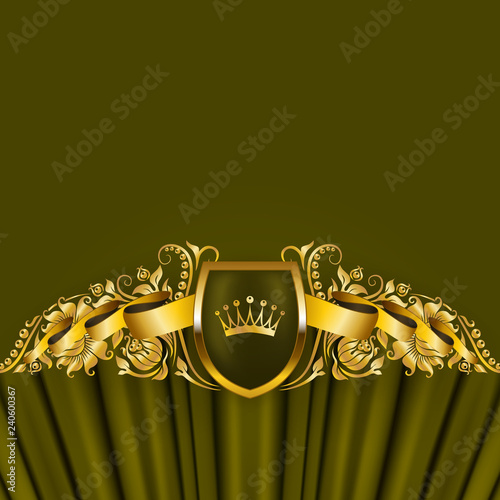 Royal background with ornament, shield, gold crown, ribbon, blazon, place for text in vintage style. photo