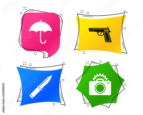 Gun weapon icon.Knife, umbrella and photo camera with flash signs. Edged hunting equipment. Prohibition objects. Geometric colorful tags. Banners with flat icons. Trendy design. Vector