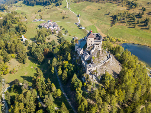 Aerial view of Castle Tarasp  built in the 11th century  in Swiss Alps  Canton Grisons or Graubuendon  Switzerland
