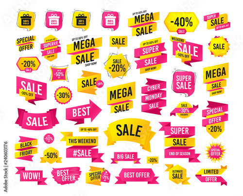 Sales banner. Super mega discounts. Sale gift box tag icons. Discount special offer symbols. 10%, 20%, 30% and 40% percent sale signs. Black friday. Cyber monday. Vector