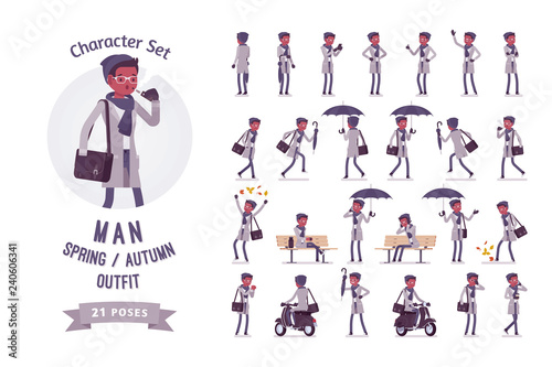 Man with umbrella, wearing autumn, spring clothes, ready-to-use character set