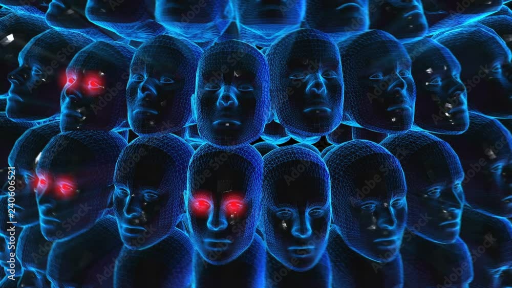 Geometric laser lowpoly heads. Seamless neon retro futuristic animation 
