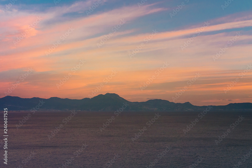 scenic landscape in summer sea and mountain at sunset with copy space 