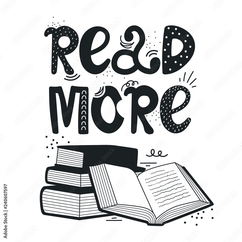 Hand drawn illustration with stack of books and lettering. Read more