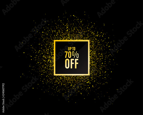 Gold glitter banner. Up to 70% off Sale. Discount offer price sign. Special offer symbol. Save 70 percentages. Christmas sale background. Abstract shopping banner tag. Template for design. Vector