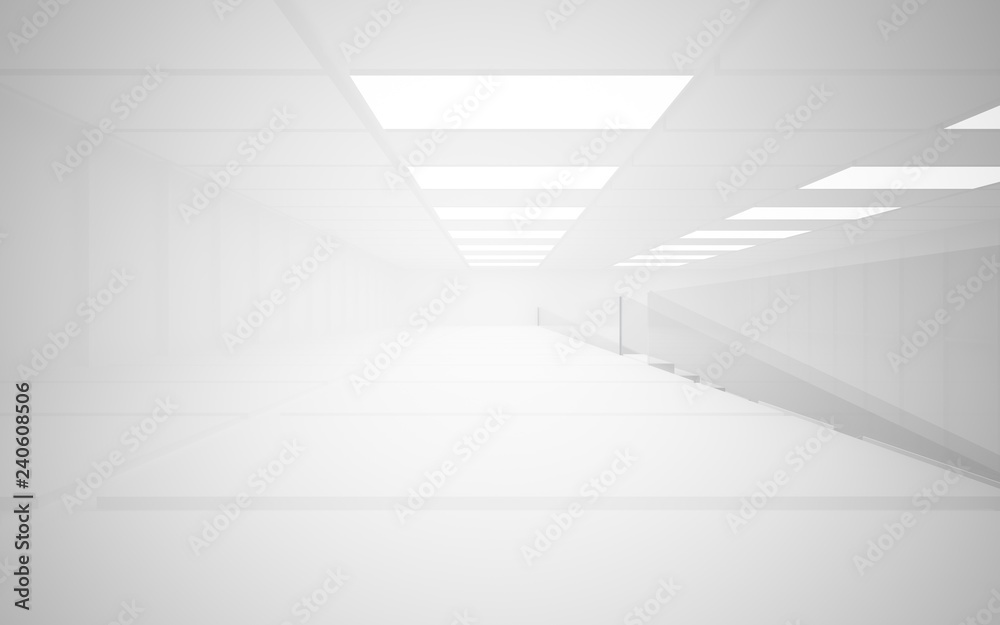 Abstract white interior multilevel public space with neon lighting. 3D illustration and rendering.