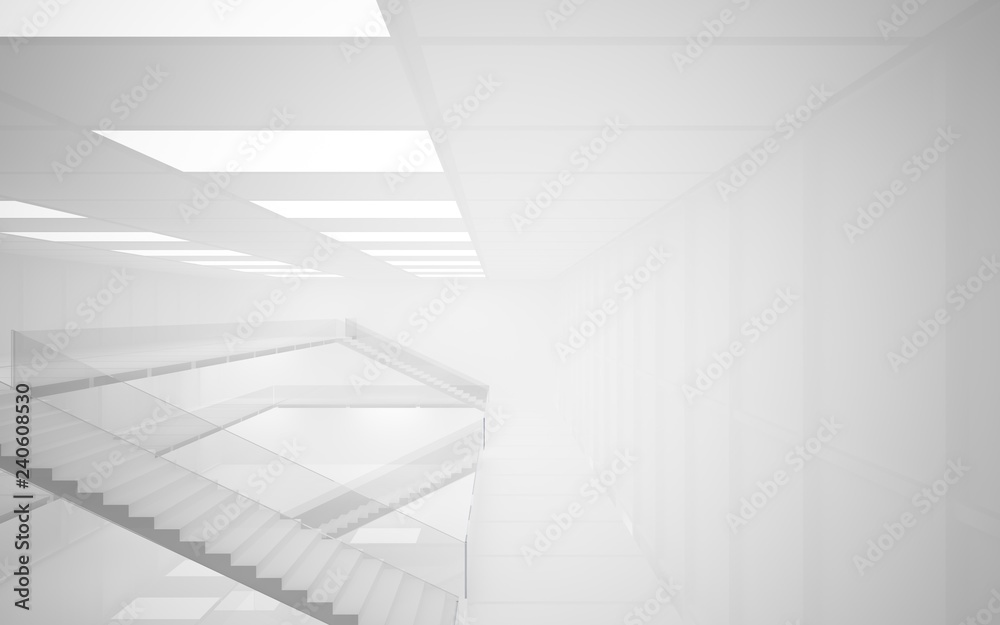 Abstract white interior multilevel public space with neon lighting. 3D illustration and rendering.