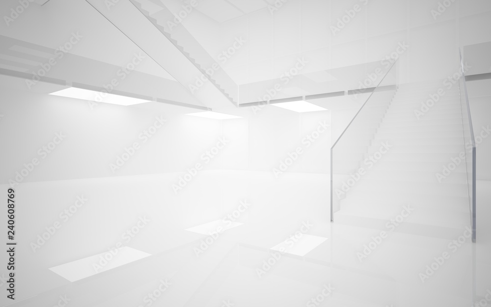 Abstract white interior multilevel public space with neon lighting. 3D illustration and rendering.