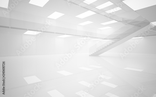 Abstract white interior multilevel public space with neon lighting. 3D illustration and rendering.