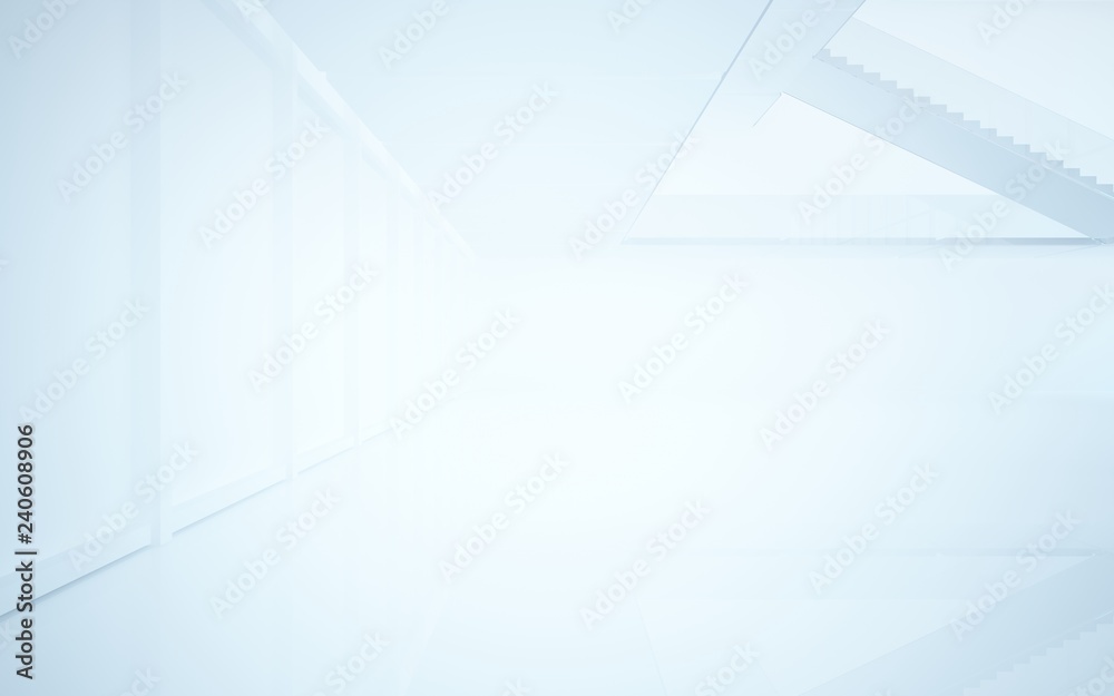 Abstract white interior multilevel public space with window. 3D illustration and rendering.