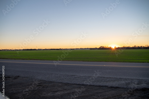 Evening sun setting behind sugar cane fields in New Roads, Louisiana. 