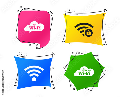 Free Wifi Wireless Network cloud speech bubble icons. Wi-fi zone locked symbols. Password protected Wi-fi sign. Geometric colorful tags. Banners with flat icons. Trendy design. Vector