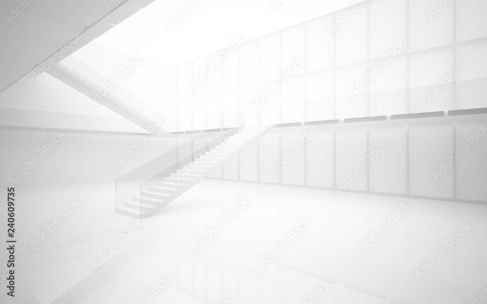 Abstract white interior multilevel public space with window. 3D illustration and rendering. Abstract white interior multilevel public space with window. 3D illustration and rendering.