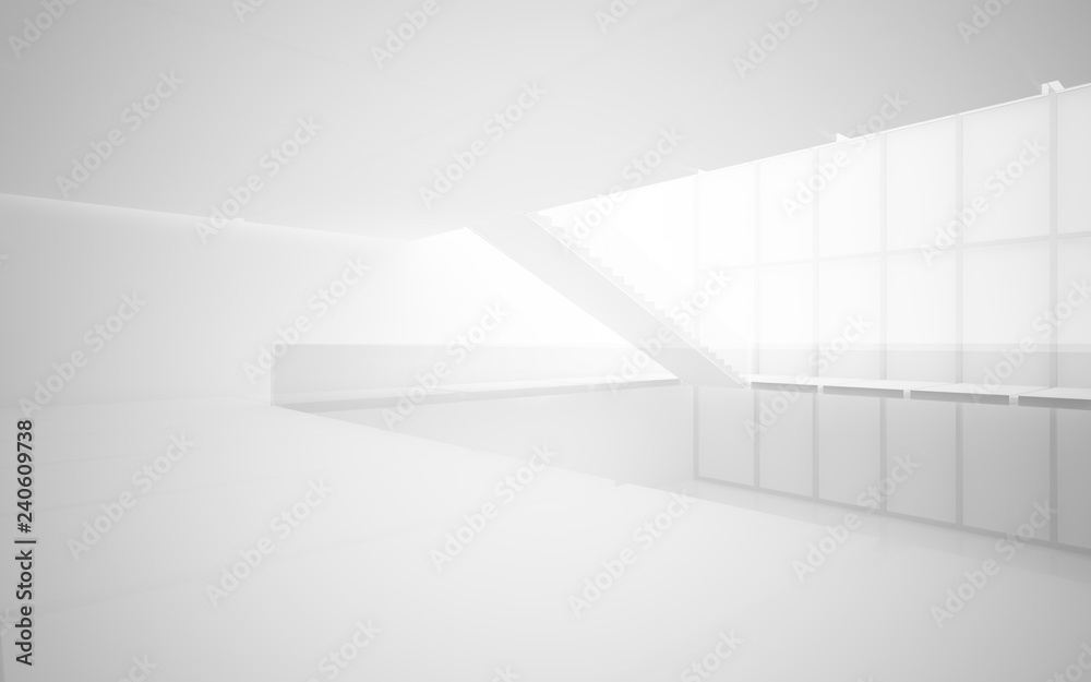 Abstract white interior multilevel public space with window. 3D illustration and rendering. Abstract white interior multilevel public space with window. 3D illustration and rendering.