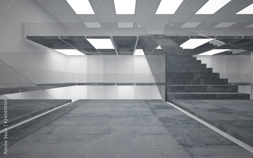 Abstract white and concrete interior multilevel public space with neon lighting. 3D illustration and rendering. Abstract white and concrete interior multilevel public space with neon lighting. 3D illustration and rendering.