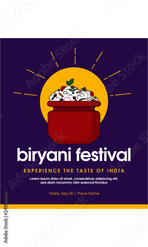 Biryani Vector Illustration. Veg Biryani Pot. Indian/Mughlai traditional rice dish. Biryani Festival Poster Template.