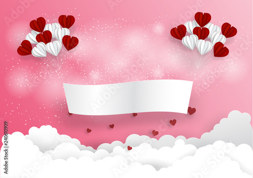white label fly by heart balloon on pink background.vector.paper art and craft style