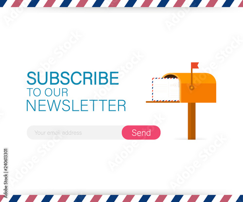 Email subscribe, online newsletter vector template with mailbox and submit button. Vector illustration. 