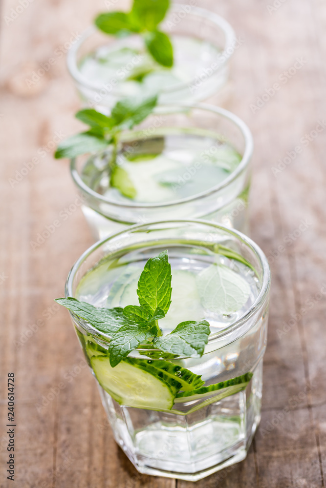 Cucumber water. Summer cool water with mint on table Cucumber water. Summer cool water with mint on table